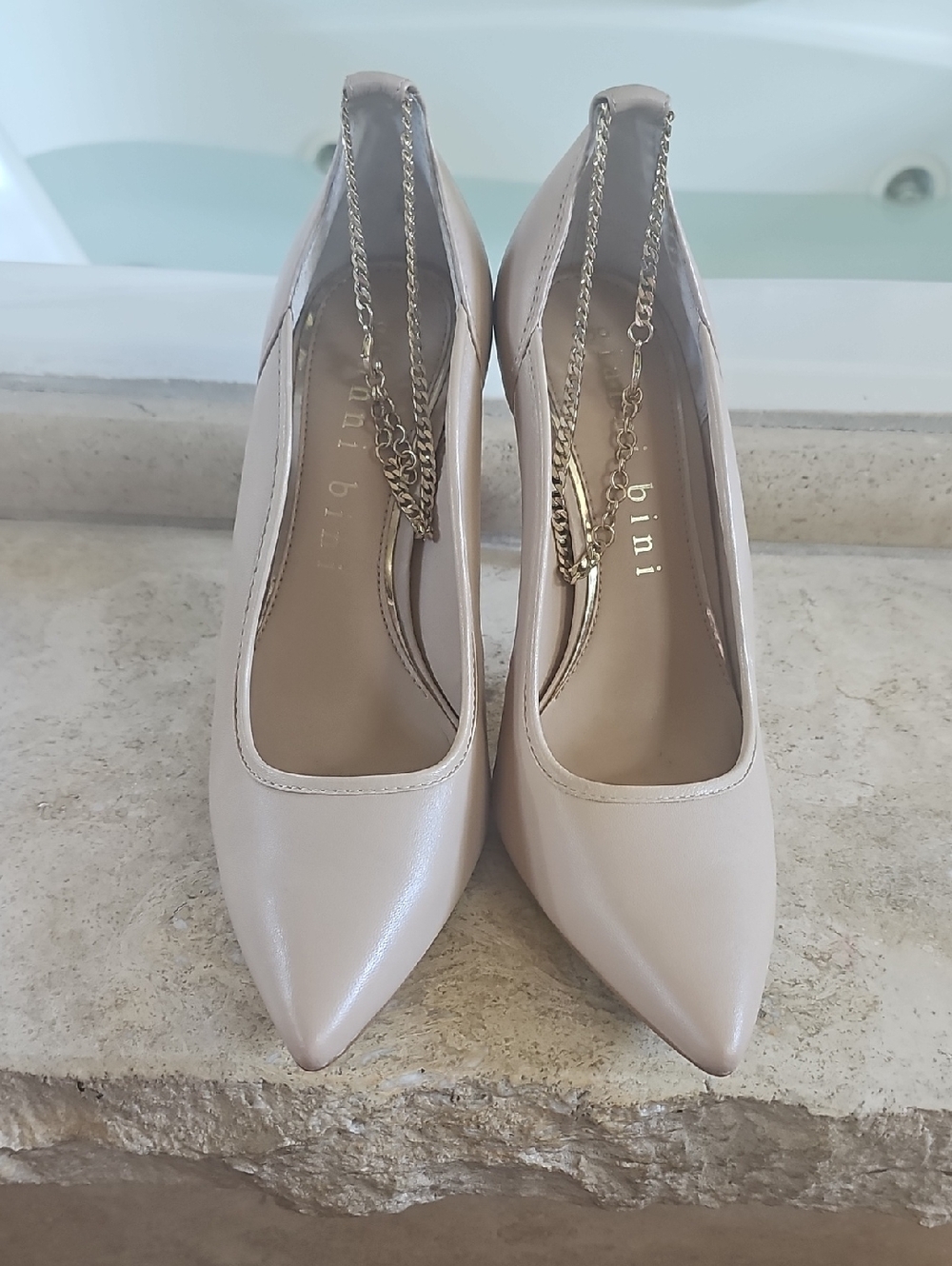 Gianni Bini Blush Pointed-Toe Stiletto Heels with Gold Chain Accent